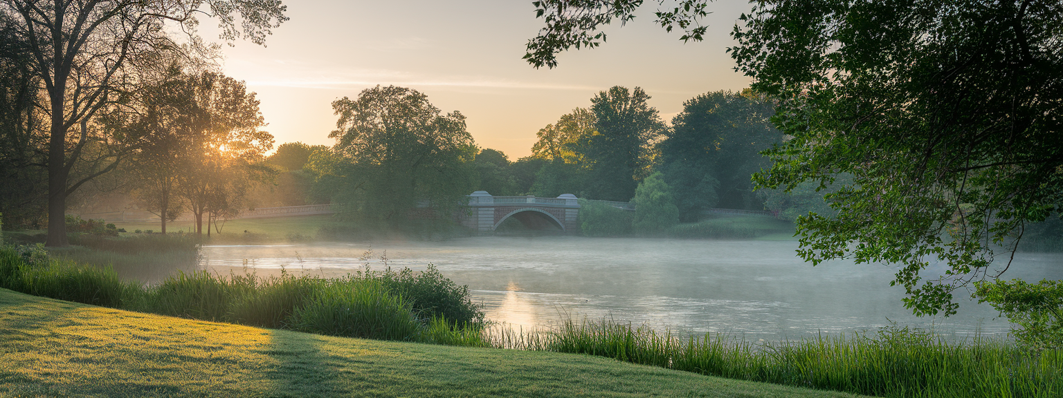 A scenic view of Central Park at sunrise displaying beautiful colors with hidden spots for catching the sunrise.