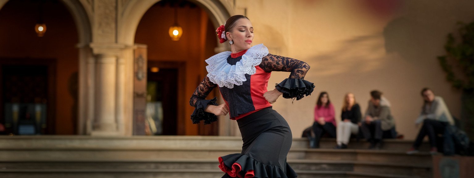 A lively flamenco dancer performing at night, capturing the rhythm of Seville’s culture.