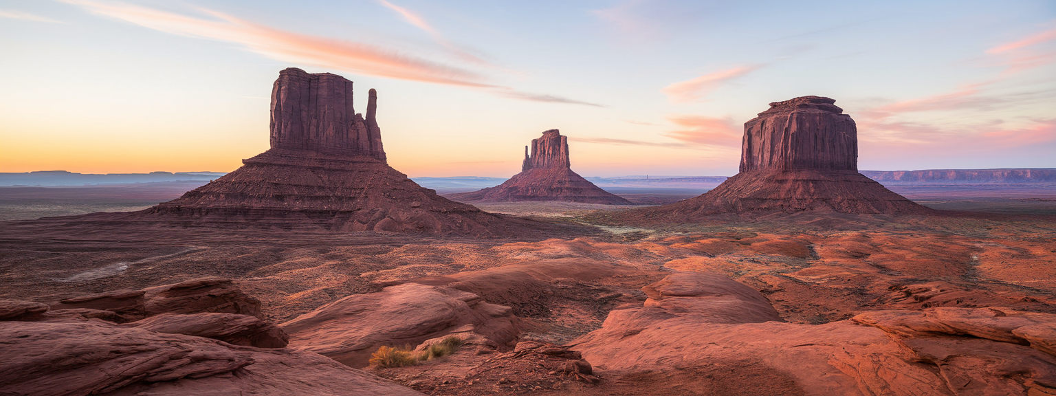 A stunning view of Monument Valley showcasing its timeless desert landscapes during sunrise.