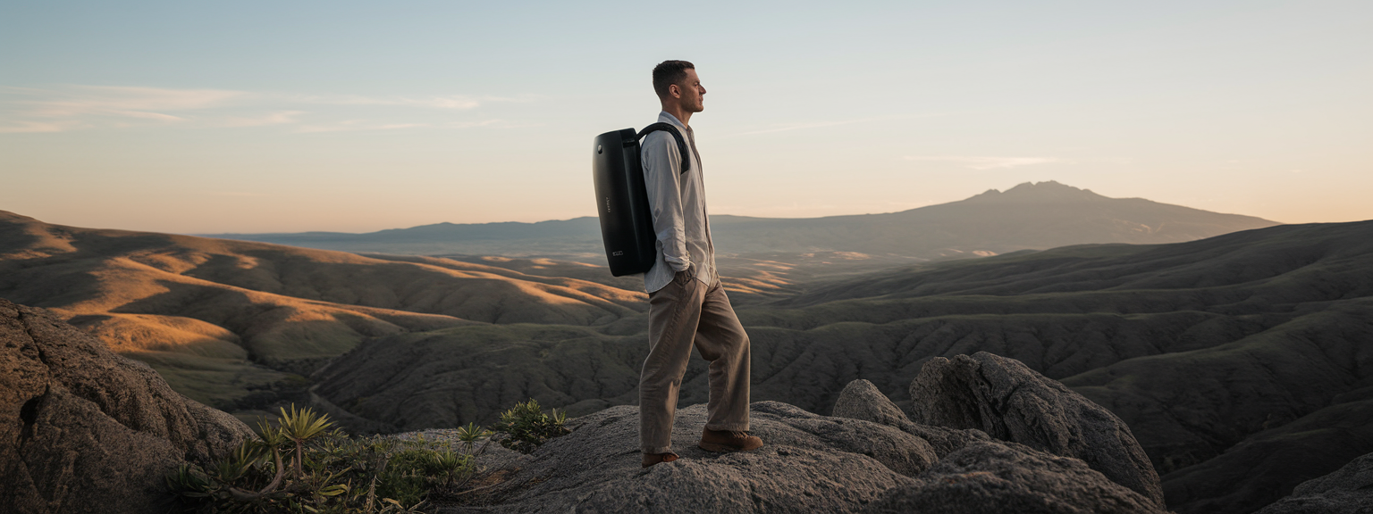 A traveler with a backpack demonstrating minimalist travel strategies.