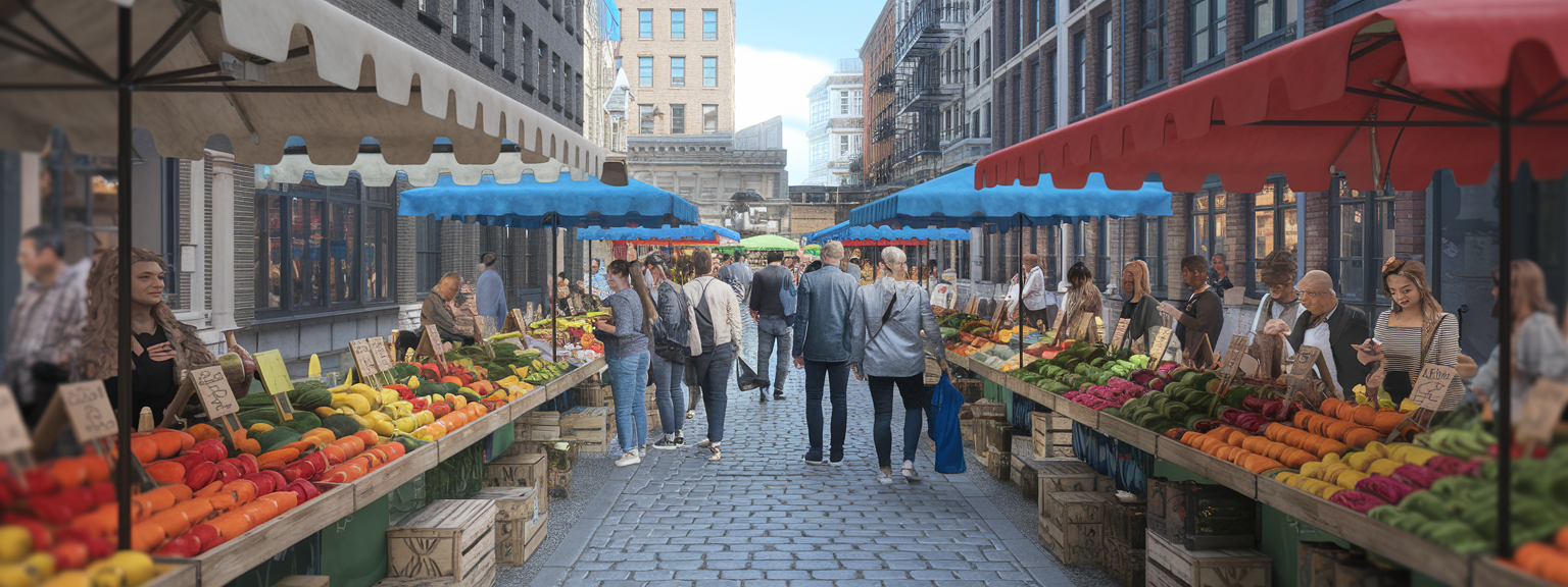 A vibrant scene of one of Montreal's hidden food markets showcasing local vendors and historic cobblestone streets.
