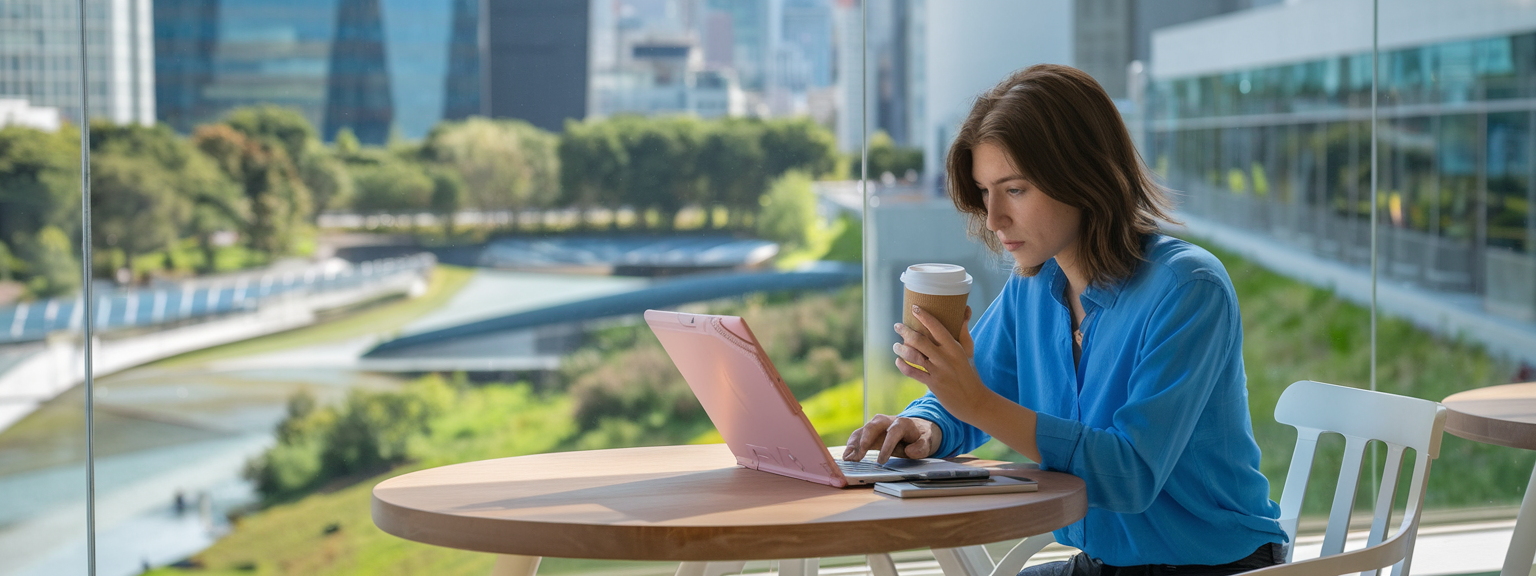 A digital nomad working remotely with a laptop in a scenic location, exemplifying remote work.