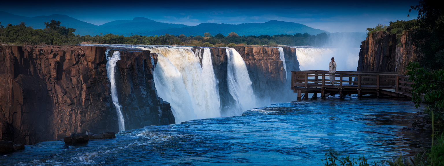 A stunning view of Victoria Falls showcasing its majestic beauty and surrounding landscape during an adventure safari.
