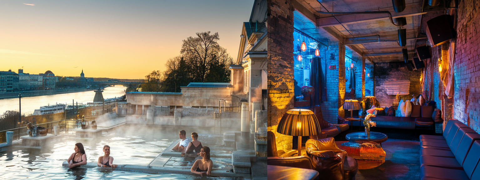 A vibrant view of Budapest’s thermal baths and ruin bars, capturing their energy and unique atmosphere.