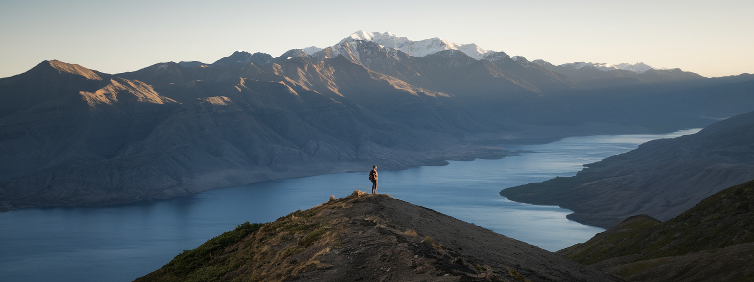 A hiker embracing scenic mountain views while hiking Queenstown trails.