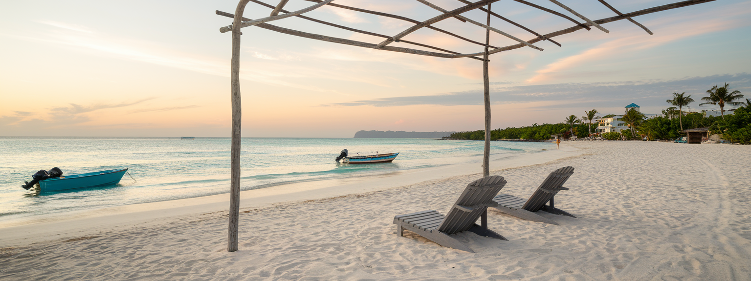 [Sunlit turquoise bay at Isla Mujeres beaches with palm trees and lounge chairs on white sand]