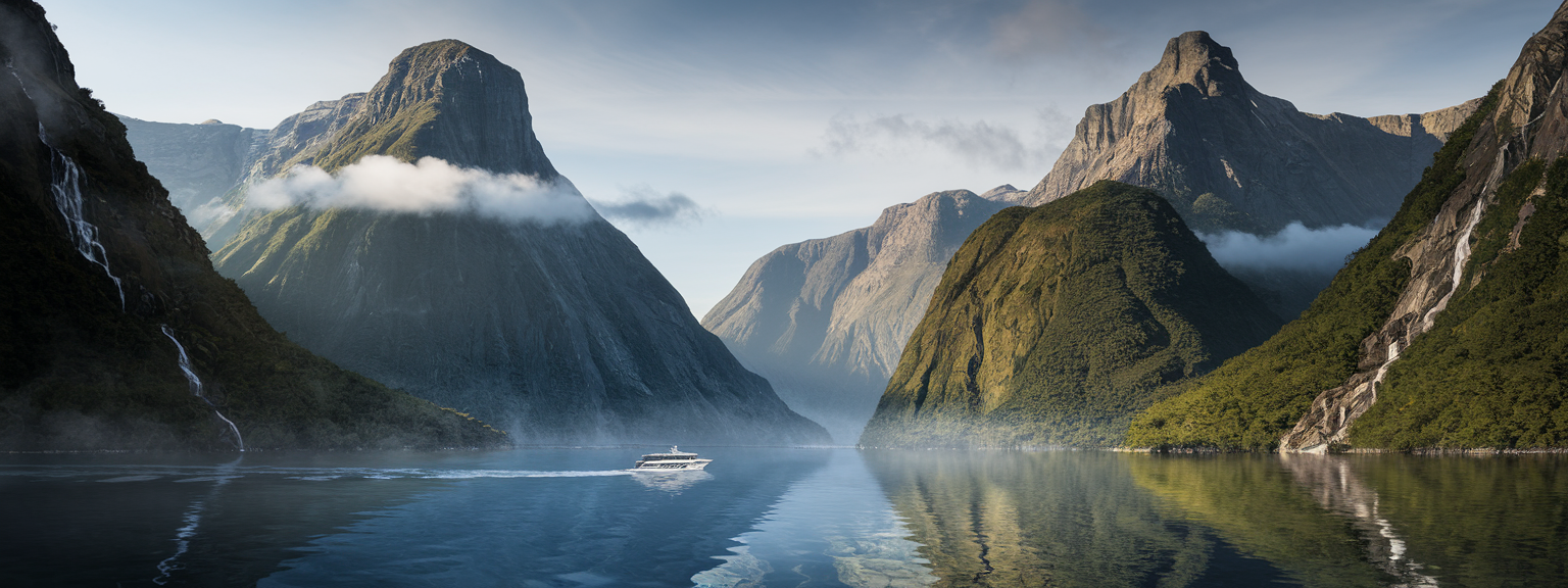 Scenic view of Milford Sound cruises with waterfalls and mountains in the background.
