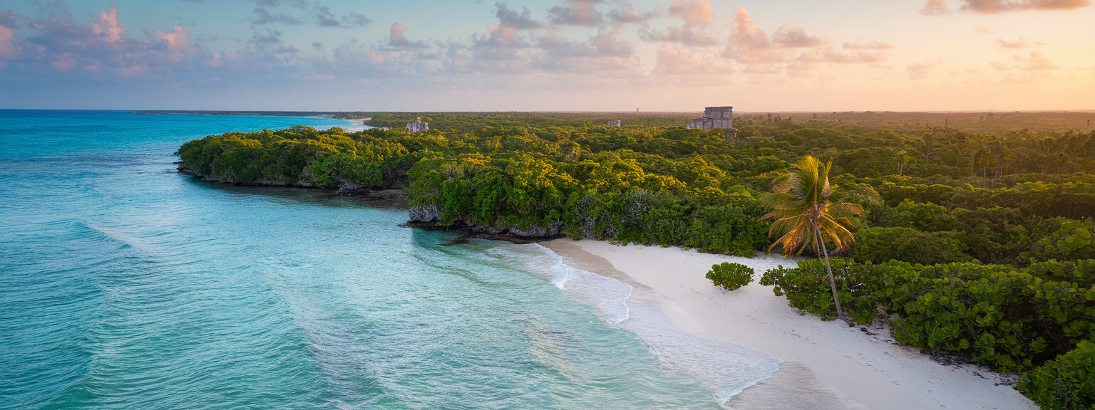 A scenic view of Tulum tranquil beaches lined with palm trees and turquoise waters.