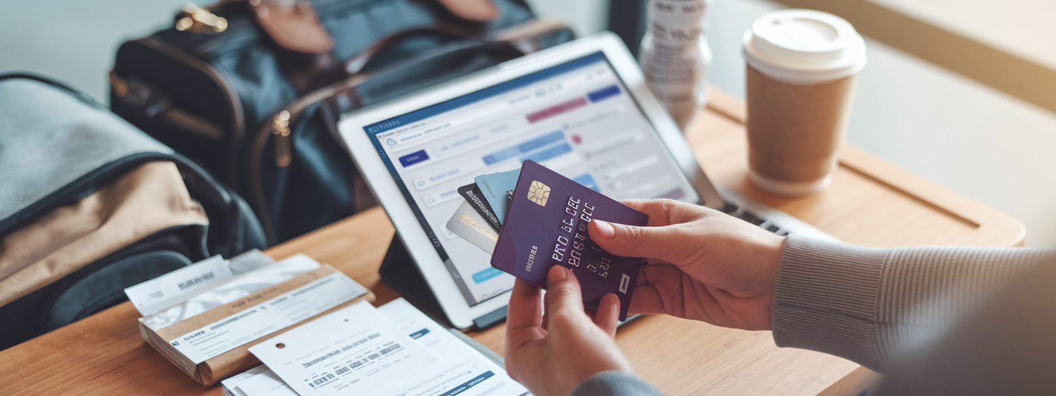 [Traveler checking credit card and airline accounts on a laptop to maximize travel rewards]